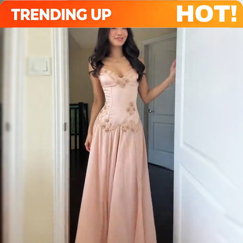 Evening Gown - Elegant V-Neck Pink Strapless Maxi Dress